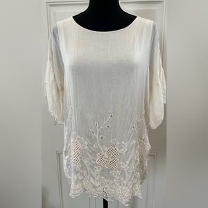 Via Signoria Silk Ivory Blouse with lovely Eyelet Design & Skirted Sleeves, L